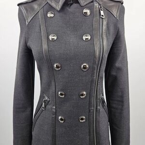 BURBERRY London Double Breasted Dark Gray/ Black Leather Trim Coat Jacket Sz 6